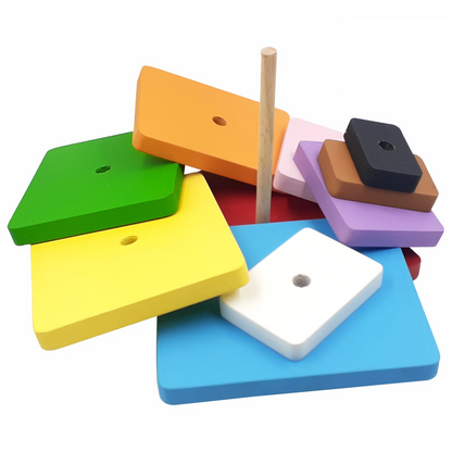 Square Stacking Tower - 10 Piece Wooden Geometric Puzzle for Toddlers